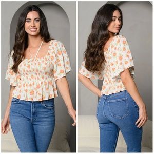 SHORT SLEEVE SMOCK TIE HALTER FLORAL TOP